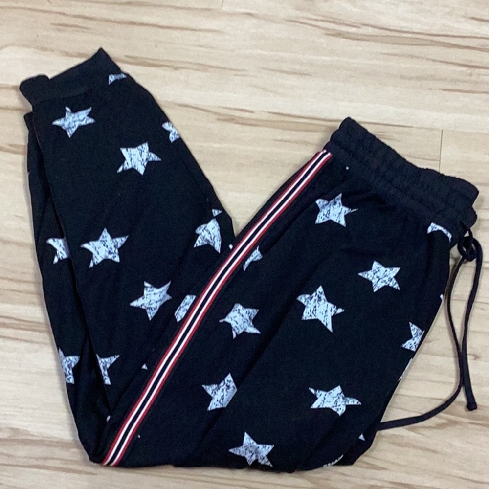 Eye Candy‎ White Star Red Stripe Stretch Waist Cuff Bottom Black Jogger PJ Pants